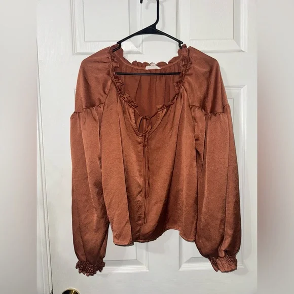 Women’s Rust Peasant Satin Blouse with Tie Neck by Blu Pepper - Picture 2 of 6